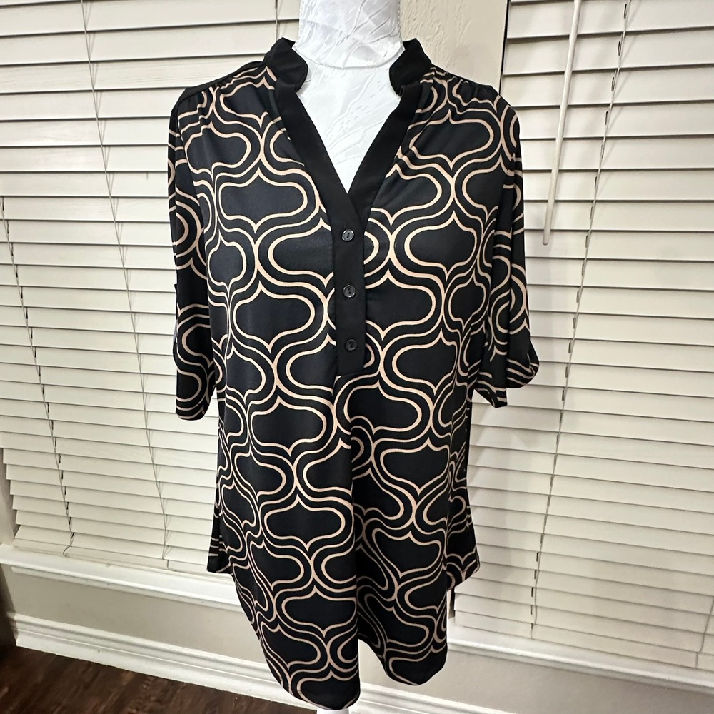PerSeption Concept Tunic Blouse Womens Large Black Tan Geometric Roll-Tab RA184